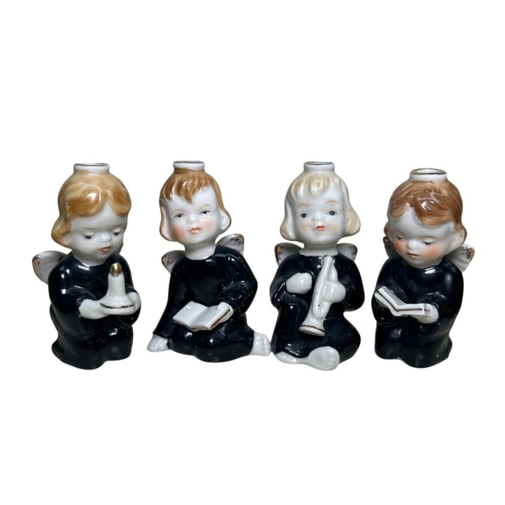 Vintage Christmas Angel Candleholders Japan Black Set of 4